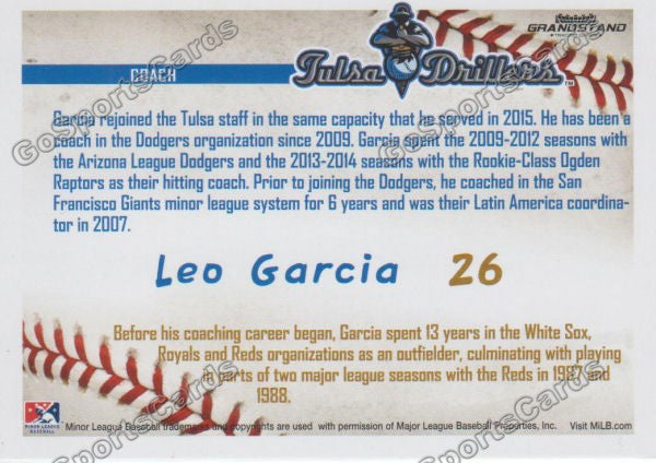 2016 Tulsa Drillers Leo Garcia Back of Card