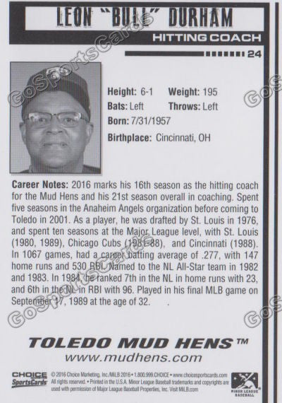 2016 Toledo Mud Hens Leon Bull Durham Back of Card