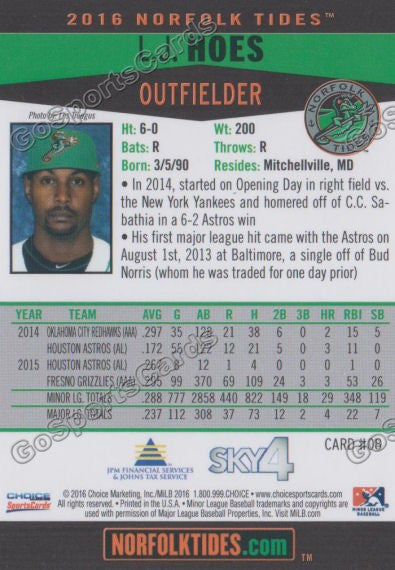 2016 Norfolk Tides LJ Hoes Back of Card