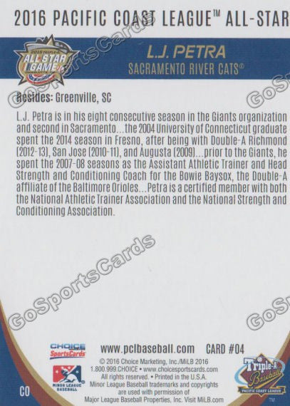2016 Pacific Coast League All Star LJ Petra Back of Card