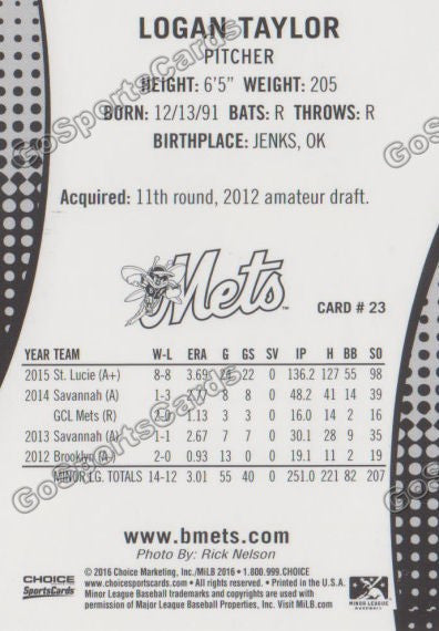 2016 Binghamton Mets Logan Taylor Back of Card