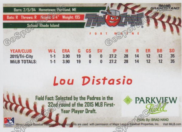 2016 Fort Wayne Tin Caps Lou Distasio  Back of Card