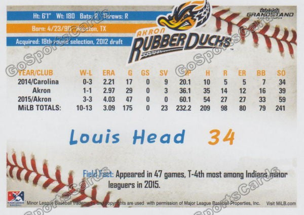 2016 Akron Aeros Louis Head Back of Card