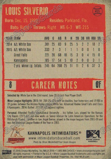  2016 Kannapolis Intimidators Louis Silverio Back of Card