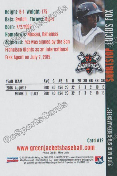 2016 Augusta Greenjackets Lucius Fox Back of Card