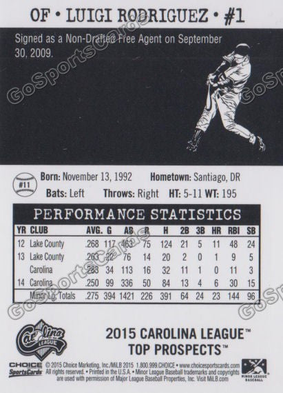 2015 Carolina League Top Prospect Luigi Rodriguez  Back of Card