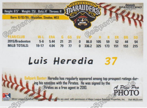 2016 Bradenton Marauders Luis Heredia Back of Card