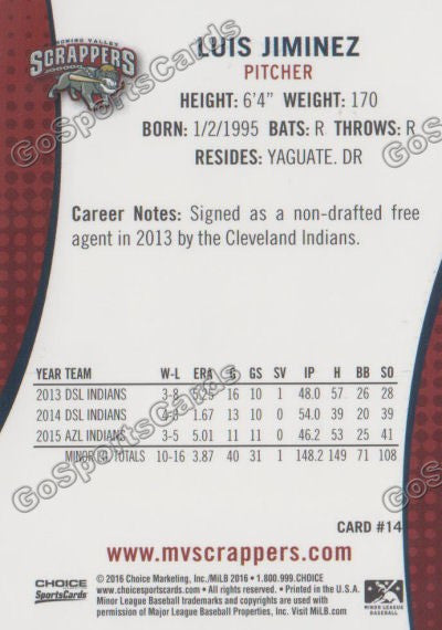 2016 Mahoning Valley Scrappers Luis Jimenez Back of Card