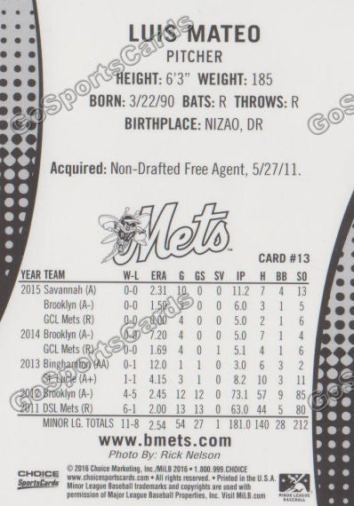 2016 Binghamton Mets Luis Mateo Back of Card