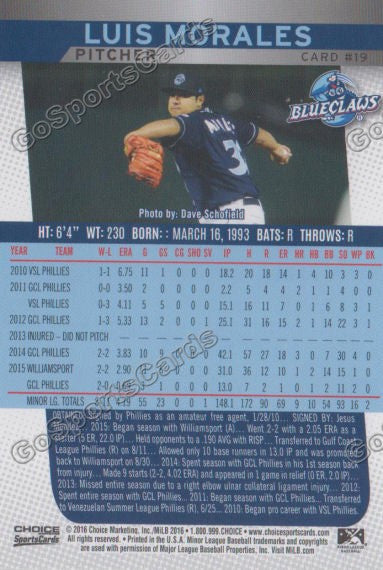 2016 Lakewood BlueClaws Luis Morales Back of Card