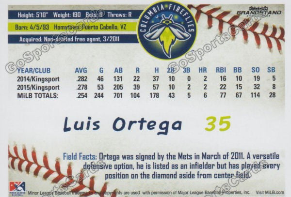 2016 Columbia Fireflies Luis Ortega Back of Card