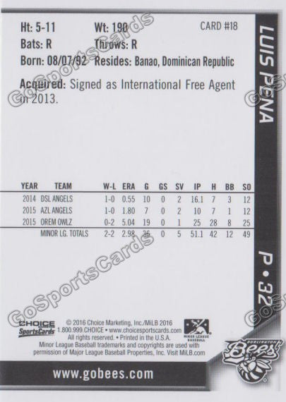 2016 Burlington Bees Luis Pena  Back of Card