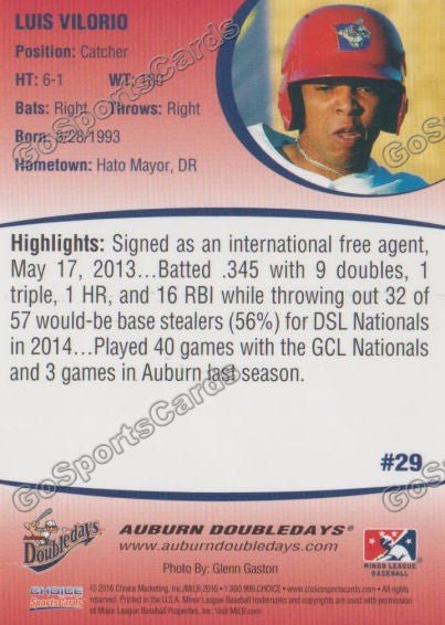 2016 Auburn Doubledays Luis Vilorio Back of Card