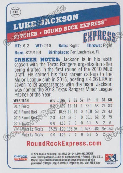 2016 Round Rock Express Luke Jackson Back of Card