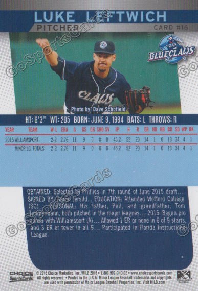 2016 Lakewood BlueClaws Luke Leftwich Back of Card