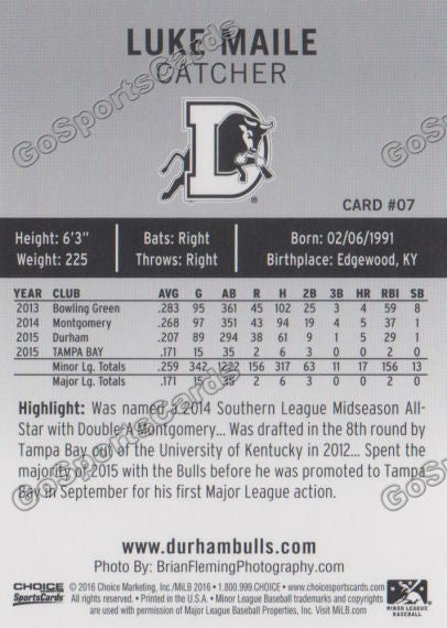 2016 Durham Bulls Luke Maile Back of Card