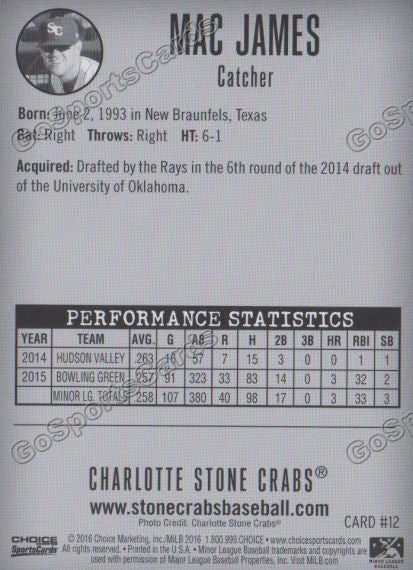 2016 Charlotte Stone Crabs Mac James Back of Card