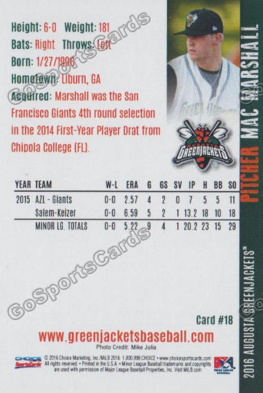 2016 Augusta Greenjackets Mac Marshall Back of Card