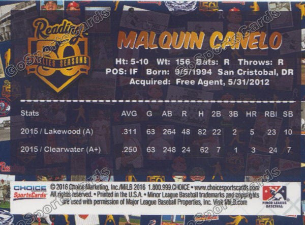 2016 Reading Fightin Phils Top Prospect 25 Malquin Canelo  Back of Card