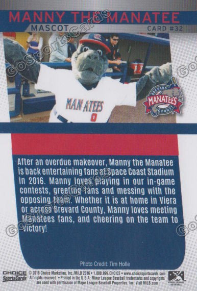 2016 Brevard County Manatees Manny the Manatee Mascot Back of Card