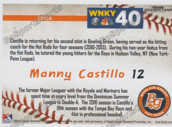 2016 Bowling Green Hot Rods Manny Castillo Back of Card