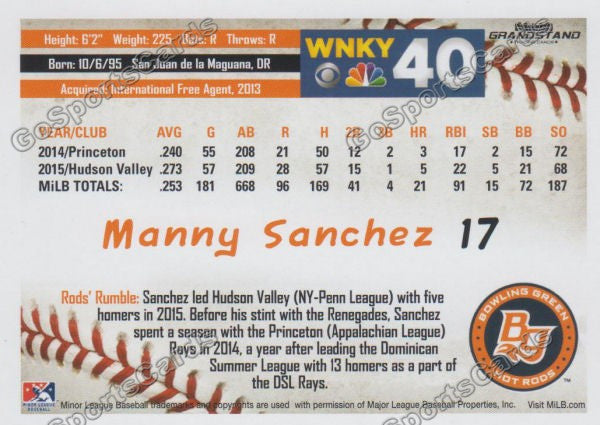2016 Bowling Green Hot Rods Manny Sanchez Back of Card