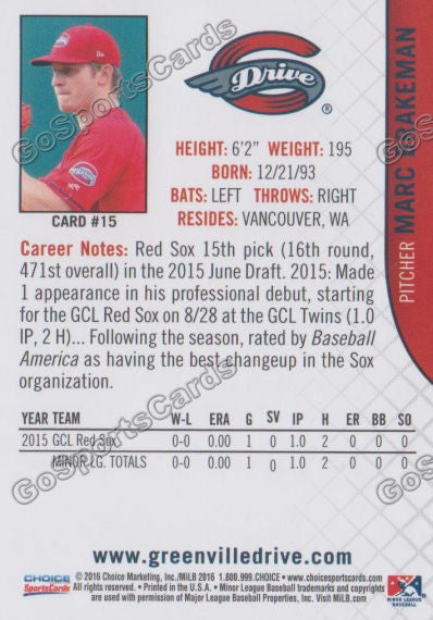 2016 Greenville Drive Marc Brakeman Back of Card