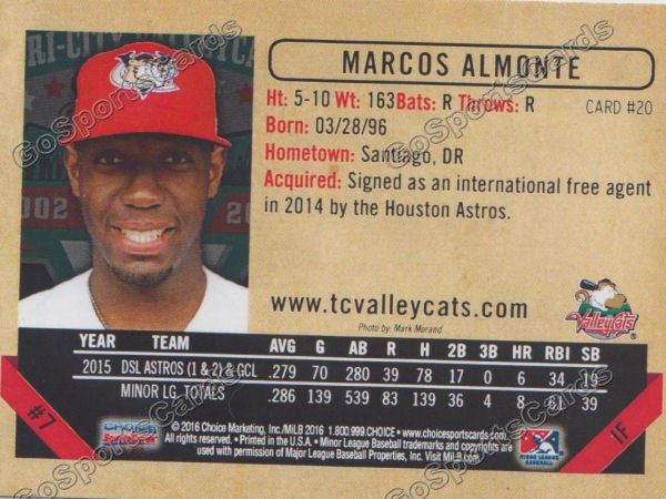 2016 Tri City ValleyCats Marcos Almonte Back of Card