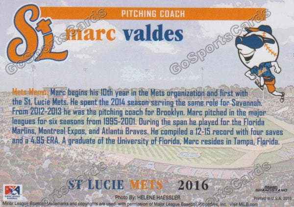 2016 St Lucie Mets Marc Valdes  Back of Card