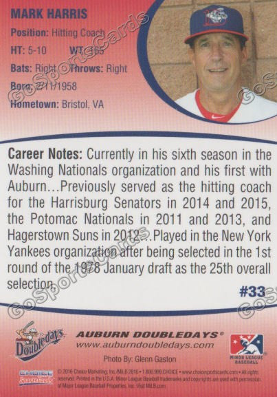 2016 Auburn Doubledays Mark Harris Back of Card