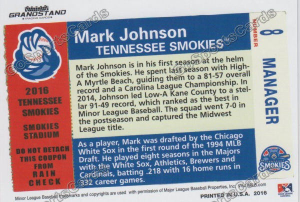 2016 Tennessee Smokies Mark Johnson Back of Card