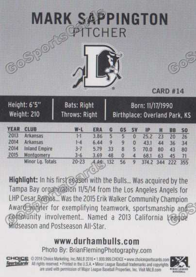  2016 Durham Bulls Mark Sappington Back of Card