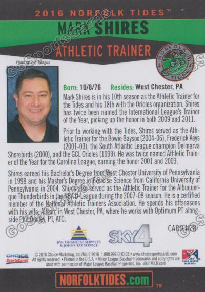 2016 Norfolk Tides Mark Shires Back of Card