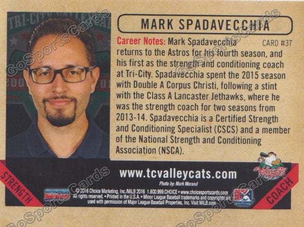 2016 Tri City ValleyCats Mark Spadavecchia Back of Card