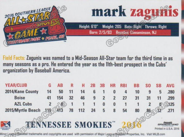 2016 Southern League All Star N Mark Zagunis Back of Card