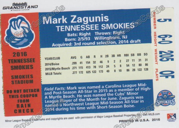 2016 Tennessee Smokies Mark Zagunis Back of Card