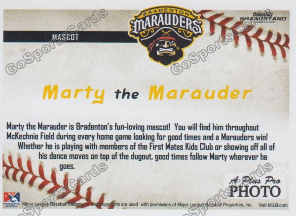 2016 Bradenton Marauders Marty the Marauder Back of Card