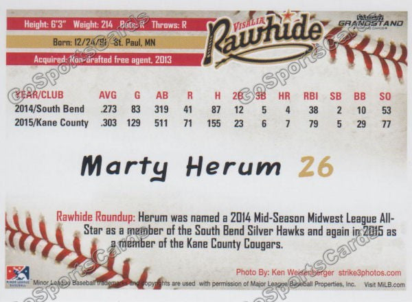 2016 Visalia Rawhide Marty Herum Back of Card