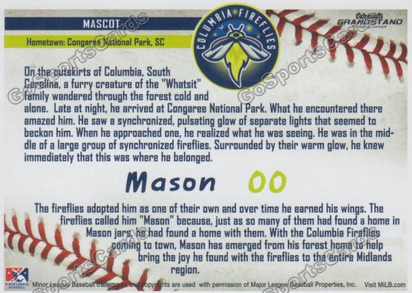 2016 Columbia Fireflies Mason Mascot Back of Card
