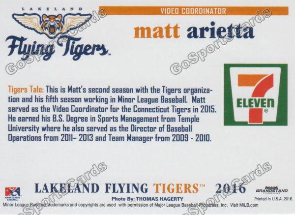 2016 Lakeland Flying Tigers Matt Arietta Back of Card