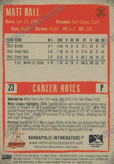  2016 Kannapolis Intimidators Matt Ball Back of Card
