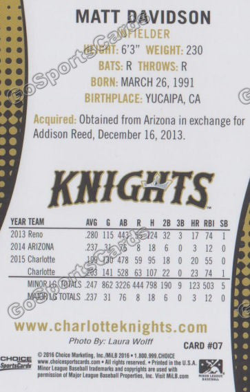 2016 Charlotte Knights Matt Davidson Back of Card