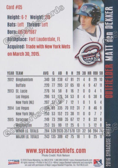 2016 Syracuse Chiefs Matt den Dekker Back of Card