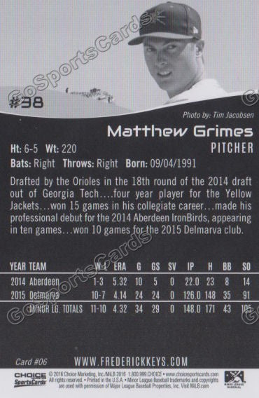 2016 Frederick Keys Matthew Grimes Back of Card