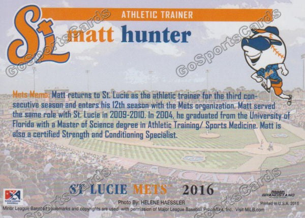 2016 St Lucie Mets Matt Hunter  Back of Card