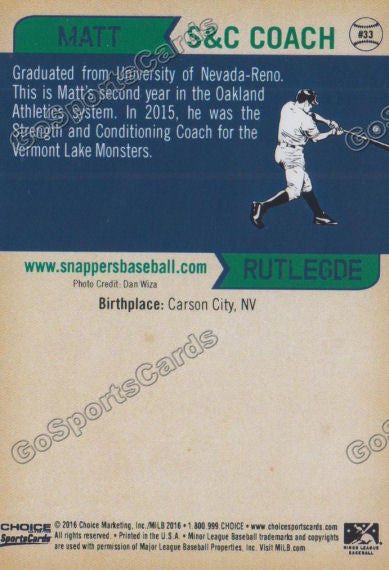 2016 Beloit Snappers Matt Rutledge Back of Card