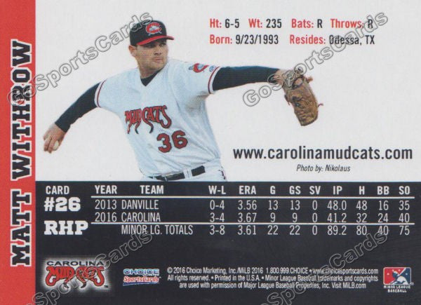 2016 Carolina MudCats Matt Withrow Back of Card