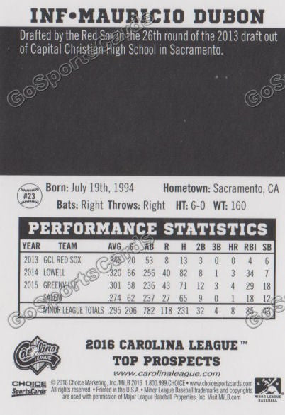 2016 Carolina League Top Prospect Mauricio Dubon Back of Card