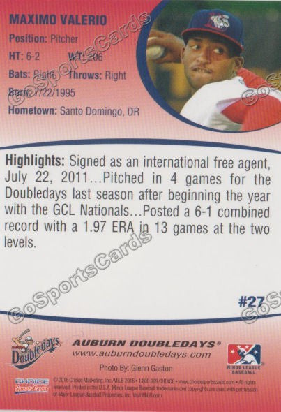 2016 Auburn Doubledays Maximo Valerio Back of Card