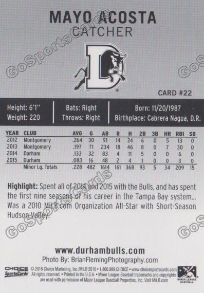  2016 Durham Bulls Mayo Acosta Back of Card